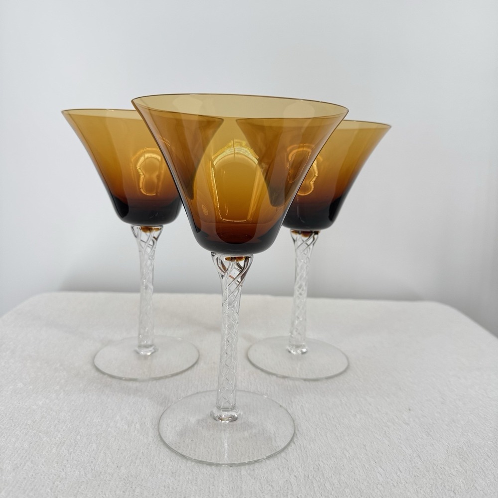 3 Vtg MARTINI GLASSES Blown Glass AMBER OMBRE Bowl Clear Swirl Stem MCM‎